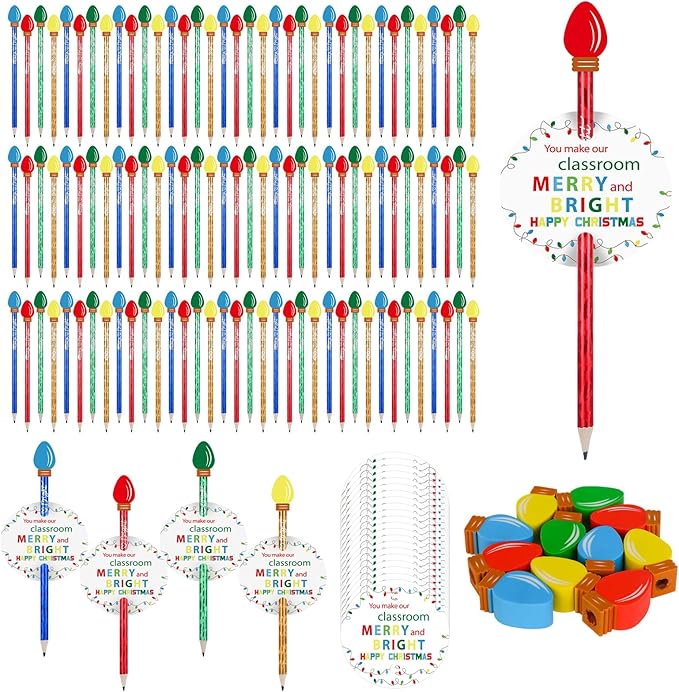 96 Sets Easter Pencils with Bulb Eraser Toppers Merry Bright Cards Mini Lightbulb Erasers Multicolor Tiny Erasers for Prizes Rewards Back to School Gift