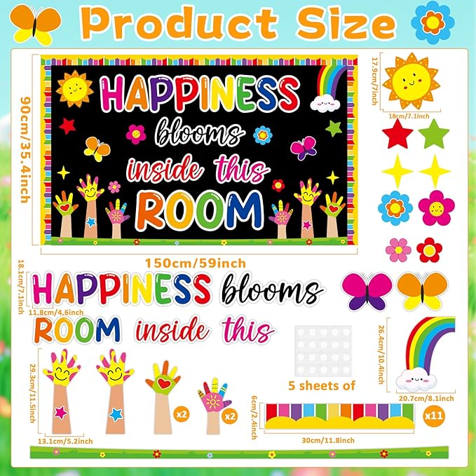 gisgfim Motivational Handprint Bulletin Board Decorations Welcome Back to School Paper Cutouts Happiness Blooms in This Room Classroom Colorful Rainbow Flower Bulletin Board Decor for Chalkboard Wall