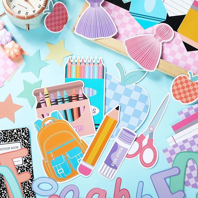 Mooliwe 94 Pcs Composition Notebook Classroom Decor Welcome Back to School Bulletin Board Set Checkered Classroom Decor Pencil Apple Paper Cutouts for First Day of School Party Wall Door(Pastel)