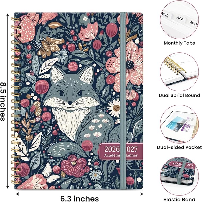 2026–2027 Academic Planner, Weekly and Monthly Planner for Women, July 2026 - June 2027, Pretty Hardcover 2026–2027 Academic Planner with Tabs, Inner Pocket, Spiral Bound, Perfect Office Home School Supplies - 6.3" x 8.5", Forest Fox
