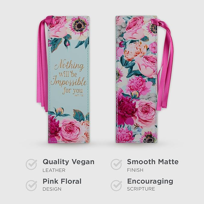 Christian Art Gifts Vegan Leather Scripture Bookmark for Women: Nothing Will Be Impossible for You - Matthew 17:20 Inspirational Bible Verse, Faith-Based Reading Accessory w/Tassel, Mint Green Floral