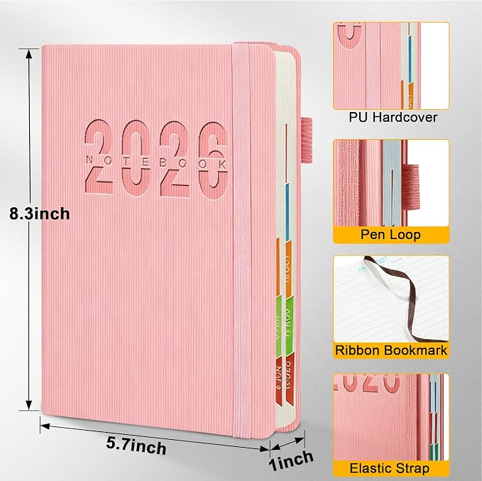 2026 Planner A5, Weekly and Monthly Calendar Planner, Jan 2026 - Dec 2026,Hardcover Pink, Lay Flat Academic Organizer for Office Teacher School,Notebook,5.7"x8.3"