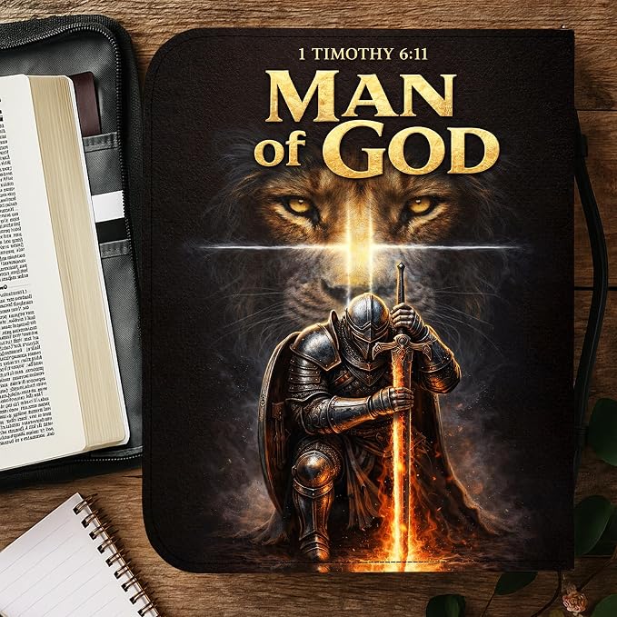 Personalized Man of God Bible Cover for Men, Christian PU Leather Bible Case with Handle Zipper, God Says I Am Warrior Scripture Bible Holder, Religious Gift for Men (Man of God)