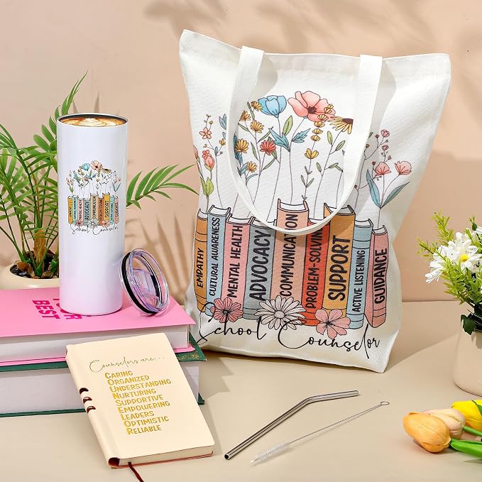 Fuutreo 3 Pcs School Counselor Must Have Appreciation Gift for Women Include 20 oz Stainless Steel Tumbler Cup Canvas Tote Bag Leather Journal Thank You Gifts for Educator Teacher, School Counselor