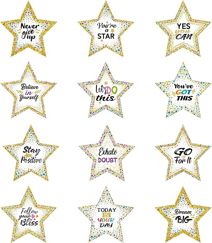 Pajean 48 Pcs Star Positive Bulletin Board Decoration Cutout Affirmation Station Classroom Bulletin Board 6 Inch Inspirational Classroom Decor Double Sided for Teacher Student Back to School(Confetti)