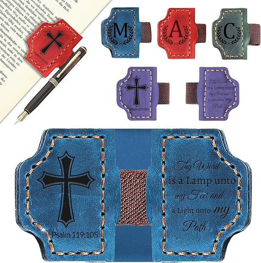 Custom Magnetic Bookmarks with Pen Holder, Personalized 26 Letters Name Initial Leather Bookmark, Leather Book Mark for Men Women Teachers, Readers Book Lovers Gifts (Blue, Psalm)