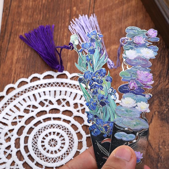 2 Metal Bookmarks with Tassel, Oil Painting Water Lilies and Irises