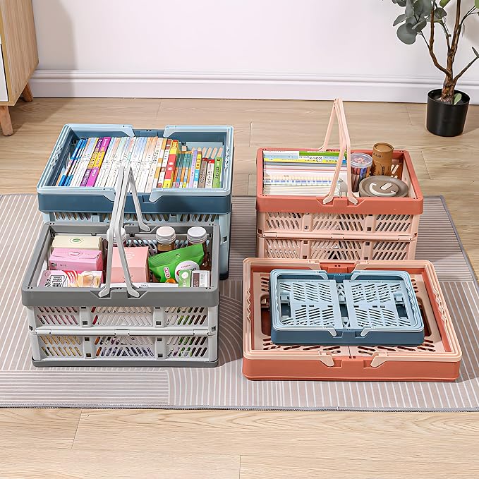Domiella 2-Pack Foldable Storage Baskets, Collapsible PP Crates with Handles - 20L Capacity, Strong and Portable for Home Organization, Picnic and Shopping, Grey + Blue