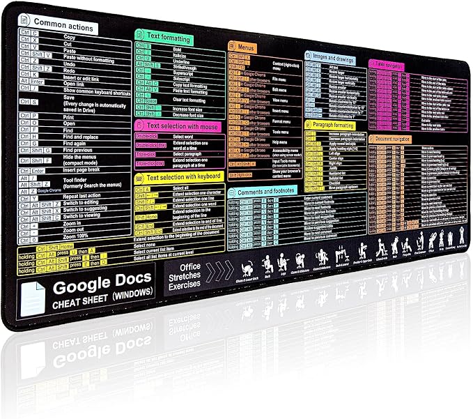 Google Docs Cheat Sheet Mouse Pad, Large Mousepad for Google Docs Shortcuts, Extended Gaming Pad for Mouse and Keyboard, High Definition Printing, Stitching,Waterproof, Anti Slip(Windows)