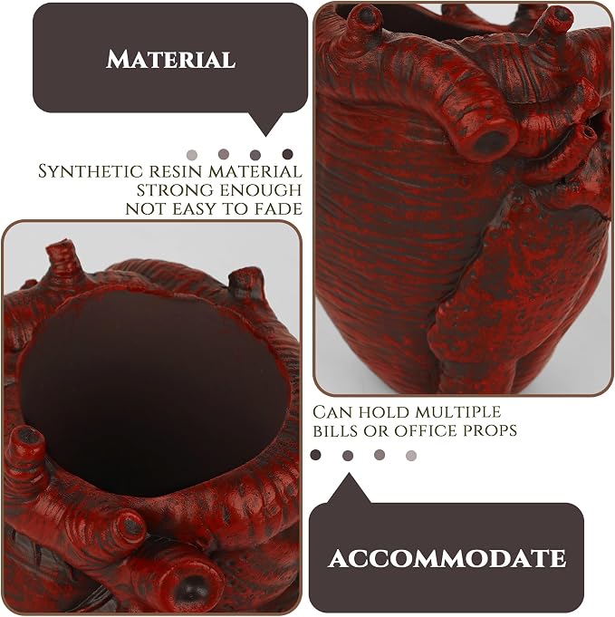 Anatomical Heart Pencil Holder, Red Resin Organ-Shaped Pen Cup Desk Organizer, Realistic Human Heart Decor, Stable Base