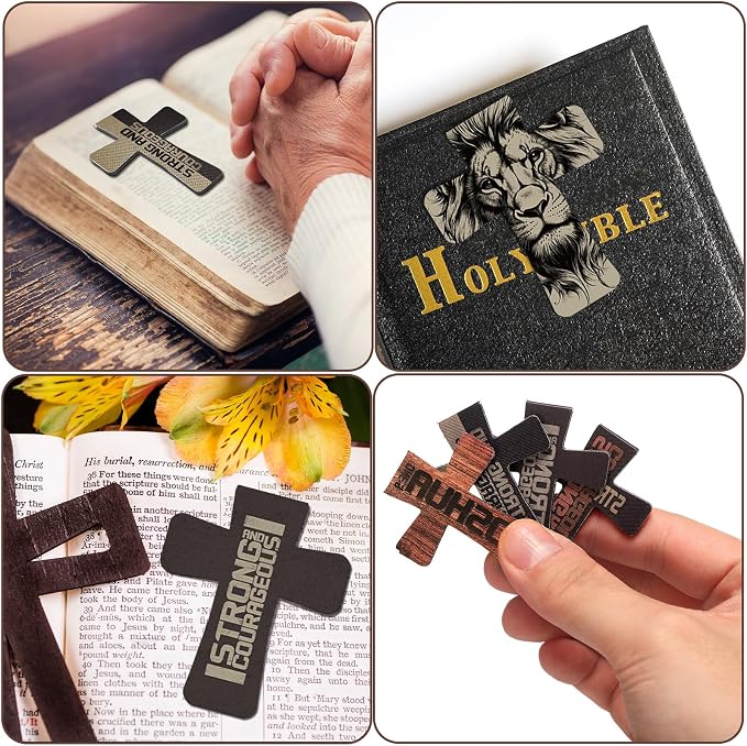 Glenmal 60 Pcs Magnetic Christian Cross Bookmark for Men Christmas Page Marker Set for Men Inspirational Scripture Strong Courageous Strong Lion for Xmas Bibles Books Church Favor