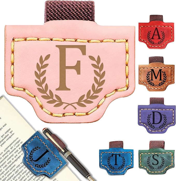 Personalized Leather Magnetic Bookmark with Pen Holder, Bookmark 26 Letters Name Initial Bookmarks for Readers, Book Lover Gifts for Women Men Notebook Accessories (Pink, F)