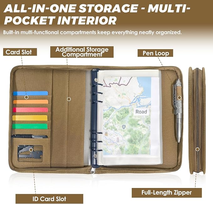 Tactical Notebook Cover, A5 Padfolio 6 Ring Binder with Big Back Pocket & Hand Strap, Zippered Hardcase Planner for Journal, College, Office, Field (Khaki, A5(7.3 x 10 inches))