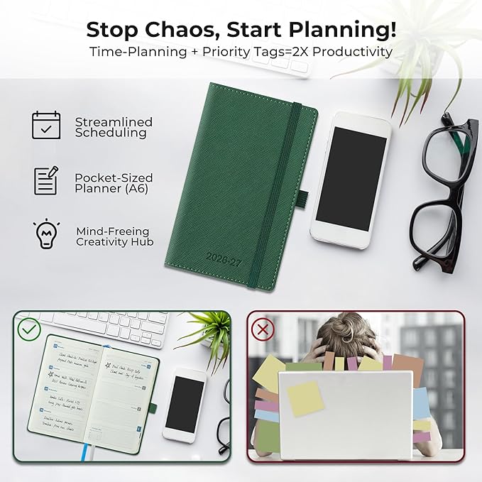 Weekly Monthly 2026-2027 Planner (July 26-Dec 27),6.5"x3.75",18 Months Agenda Plan with Month Tabs & Pocket,Expenses/Note Pages, Academic Calendar with Vegan Leather Cover,Green