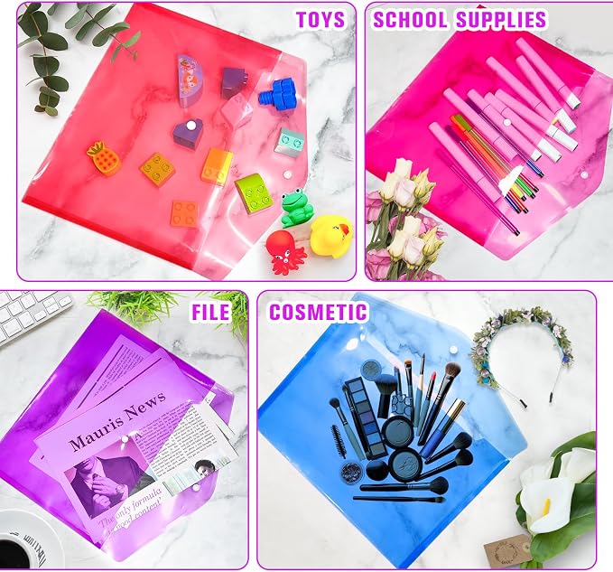 24pcs Plastic Filing Envelopes with Snap Button Closure ，Clear Document Folders for Letter A4 Size Files ，Poly Folders，for School and Office Supplies（6Color）
