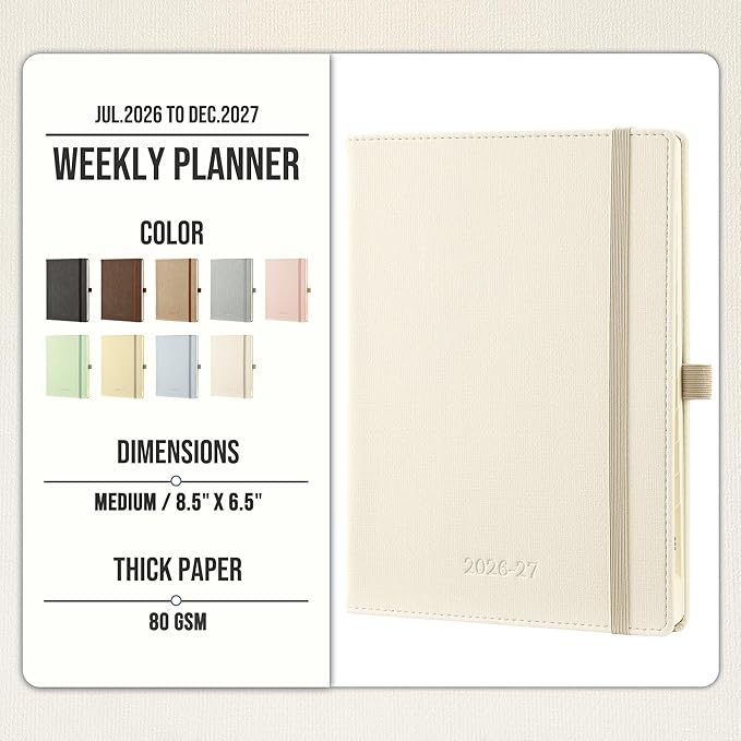 Planner 2026-2027 Weekly & Monthly Planner, 18 Month Academic Calendar July 2026 – Dec 2027, Horizontal Layout with Monthly Tabs, Textured Fabric Hardcover, White