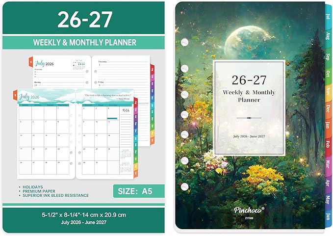 2026-2027 Planner Refills - Planner Refills 2026-2027, JUL 2026 - JUN 2027, 5-1/2" x 8-1/4", A5 Planner Inserts, 26-27 Planner Weekly and Monthly with 7-Hole Punched, Colorful Tabs - Dreaming Moon