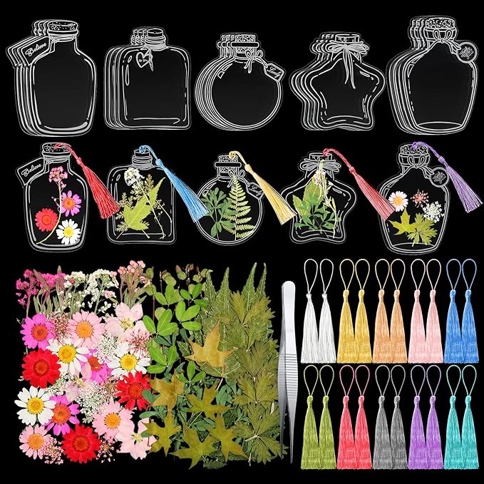 TaoBary 161 Pcs DIY Transparent Dried Flower Bookmark Set Include Clear Bookmarks Dried Flowers Colorful Tassels and Tweezer Handmade Dried Floral Bookmark for Reader Book Bottle(Delicate)