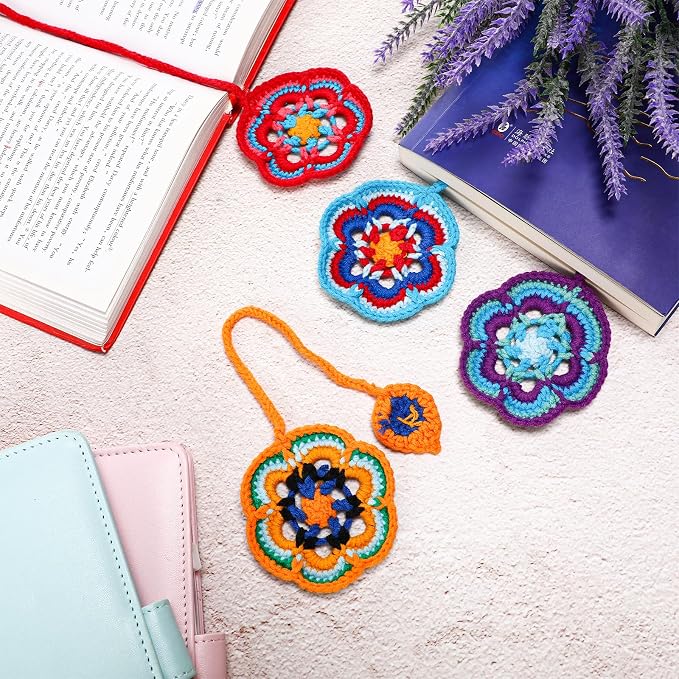 Harloon 4 Pieces Book Lover Gifts Flowers Crochet Bookmarks Handmade Knitted Book Marker Curtain Tiebacks Holdbacks Car Ornaments for Readers Writers Library(Classic)