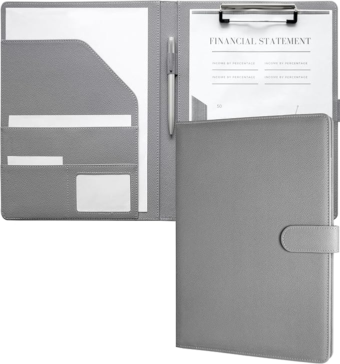 Zreal Padfolio Portfolio for Women and Men, Faux Leather Clipboard Folder with Document Organizer, Business Card & Pen Holder, Fits A4 Letter Size Legal pad for Work, Office & Conference (Grey)