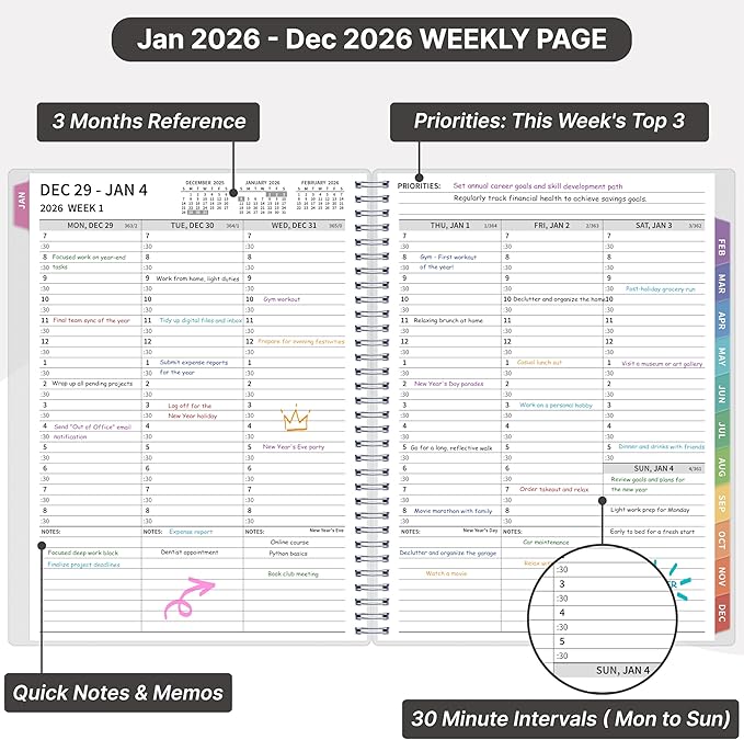 2026 Appointment Book, 30 Minutes-Hourly, Weekly ＆ Monthly Calendar Planner 2026, Jan 2026 - Dec 2026, 8.5'' x 11'', 2026 Daily Planner with Tabs ＆Pocket, Flexible Cover, Great for Office, Home, School