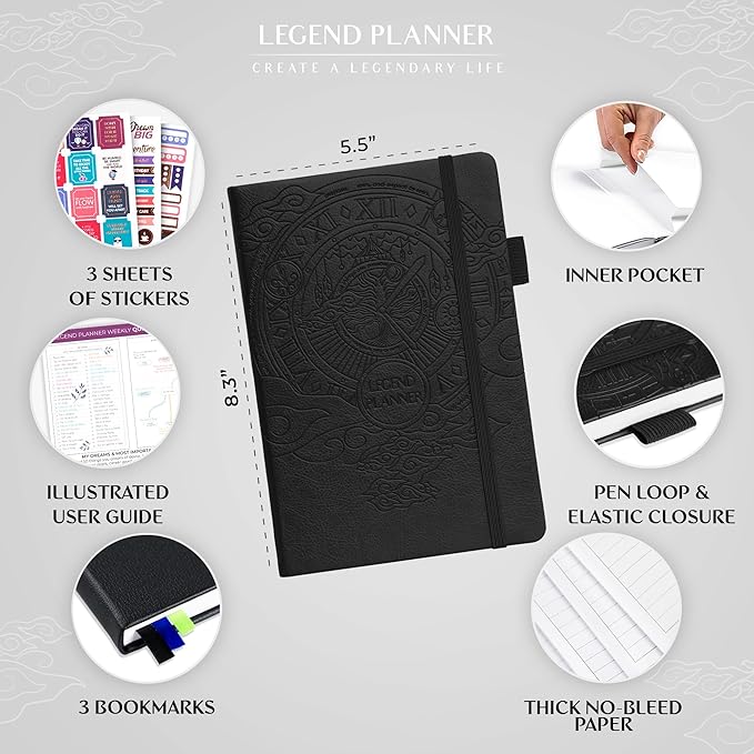 Legend Planner – Undated Weekly & Monthly Life Planner to Hit Your Goals & Live Happier, Organizer Notebook & Productivity Journal, A5 (Black)