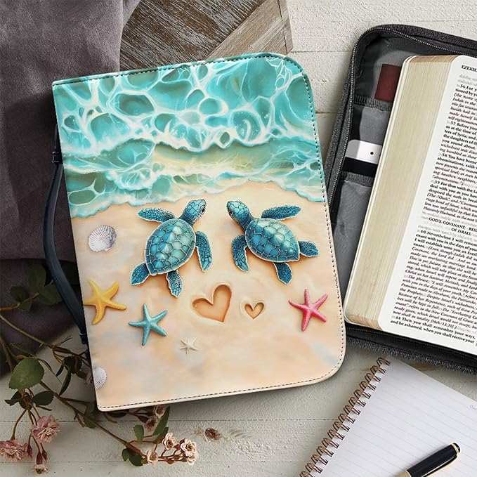 Beach Turtle Printbible Cover for Men Women Starfish Print Christian Bible Case with Handle Carrying Book Case Protector Zipper and Pockets for Bible Bag Size：M