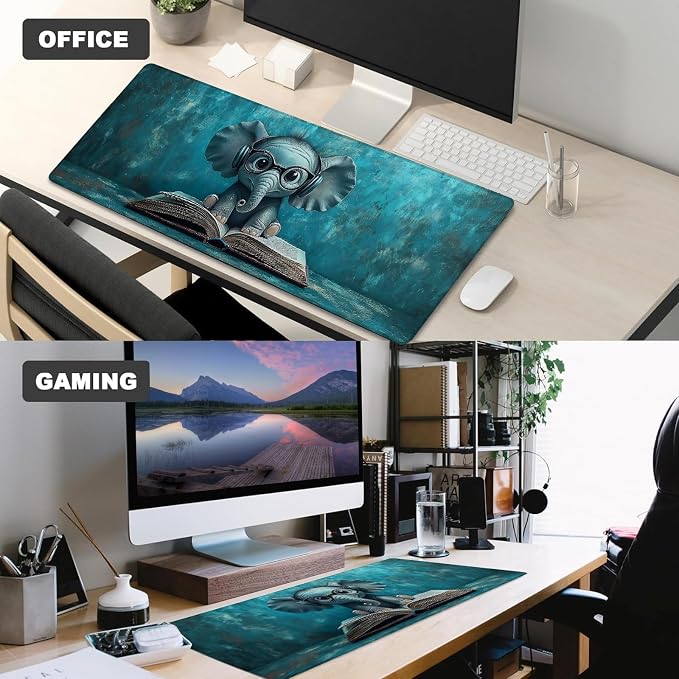 Cute Elephant Gaming Mouse Pad – 12x31.5in Large Extended Desk Mat with Reading a Book Design – Non-Slip Rubber Mousepad for Office Home – Deskmat Gifts for Library Lovers Decor