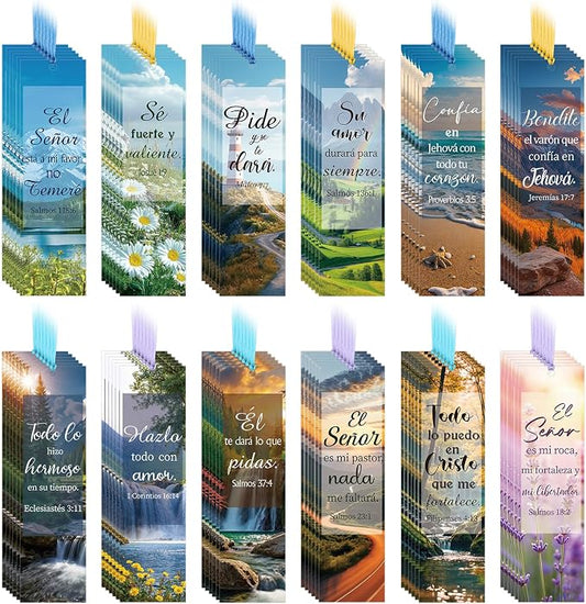 AmazingSpark 120 Pcs Spanish Bible Verse Bookmarks Christian Separadores De Biblia En Español Landscape Spanish Religious Inspirational Bookmarks with Rope for Book Lover Church Prayer Religious Gift