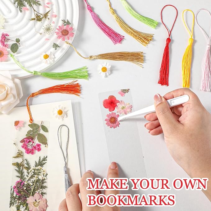 20 Sets Dried Flower Bookmark Making Kit Transparent Bookmark DIY Projects Craft Gift Bulk PET Sticker with Color Tassels and tweezer for Classroom Activities Reading Award and Book Lovers