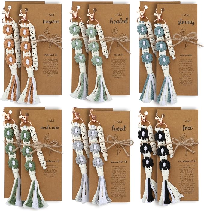 Gerrii 12 Set Back to School Keychains Bulk Christian Gifts for Women Christian Faith Bookmarks with Inspirational Bible Verses Macrame Tassel Keychain Classroom Prize Bible Verse Gift (Dark)
