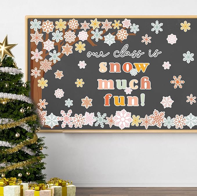 JarThenaAMCS 71Pcs Winter Bulletin Board Decorations Winter Classroom Decorations Christmas Snowflake Tree Cutouts for Xmas Holiday School Classroom Wall Door Decor Party Supplies