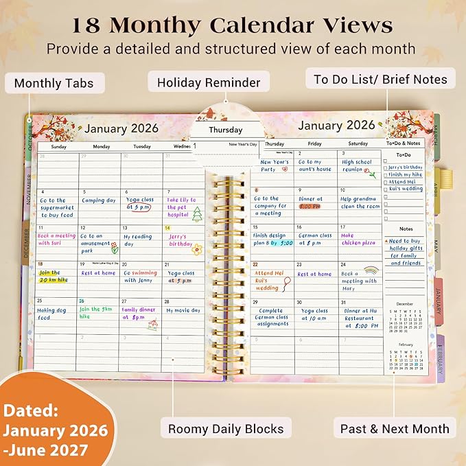 Planner 2026-2027, 18 Months Weekly and Monthly Daily Planner from January 2026 - June 2027, 8.5" x 11" A4 Large Hardcover Agenda Organizer Book 2026 with Tabs, Spiral Yearly Calendar Planners for School Work Home, Autumn Tree