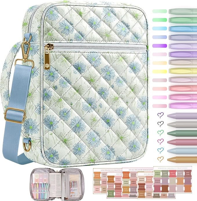BellaHold Bible Cover Case for Women, Large Bible Bag with Detachable Strap & Bible Study Supplies, 12 Highlighters, 6 Colored Gel Pens & 75 Bible Tabs, Christian Gifts for Women (Light Blue Daisy)