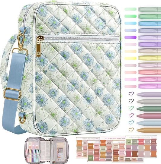 BellaHold Bible Cover Case for Women, Large Bible Bag with Detachable Strap & Bible Study Supplies, 12 Highlighters, 6 Colored Gel Pens & 75 Bible Tabs, Christian Gifts for Women (Light Blue Daisy)