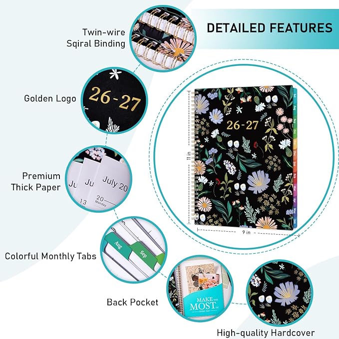 Planner 2026-2027 - 2026-2027 Planner Weekly and Monthly 9" x 11", JULY 2026 - JUNE 2027, Academic Planner 2026-2027, Monthly Calendar Planner with Colorful Tabs, Spiral Binding, Pocket - Black