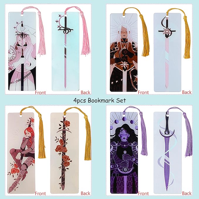 4Pcs Dark Fantasy Bookmarks Set, Royal Knight Princess Book Marks with Tassels, Perfect Gifts for Teens & Bookworms (4PCS-Double-Sided)