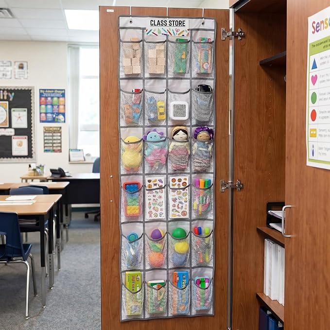 24 Pocket Classroom Organizer Teacher Incentive Reward Chart Treasure Wall Display for Teacher over The Door Hanging Storage Prize Chest Holder Mesh Fabric with Label Cards for Class Store Prize