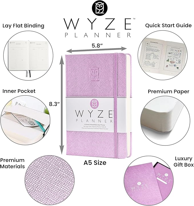 Wyze Planner Undated Daily Planner – 6-Month A5 Productivity Organizer with Full Page Per Day, Hourly Schedule, Goal Setting, Habit Tracker, Weekly & Monthly Pages – Hardcover Time Management Notebook (Lilac)