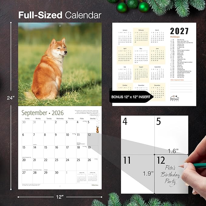 MICASA PRESS Shiba Inus 2026 Wall Calendar 12 Month | 12" x 24" Open | Thick & Sturdy Paper | Giftable | Cute Puppy Dog Calendar 2026