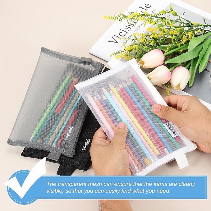 PATIKIL 3Pack Mesh Zipper Pouch Bags, 8.3" x 4.7" Nylon Mesh Pouch Waterproof Cosmetic Bags Pencil Holders Documents Pocket for Organization Travel Accessories Office Supplies, Gray