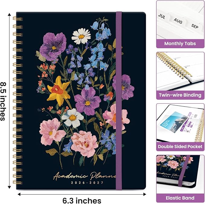 Planner 2026–2027, Weekly & Monthly Academic Organizer for School Year, Jul 2026–Jun 2027, Hardcover Planner with Tabs, Back to School Essential, 6.3" x 8.5", Bold Bouquet