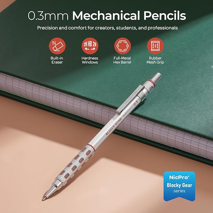 Nicpro Blocky Gear 0.3 mm Mechanical Pencils Set in Case, Metal Pencil with 120 PCS Lead Refills, Eraser for Professional & Adult Art Writing Drafting Drawing