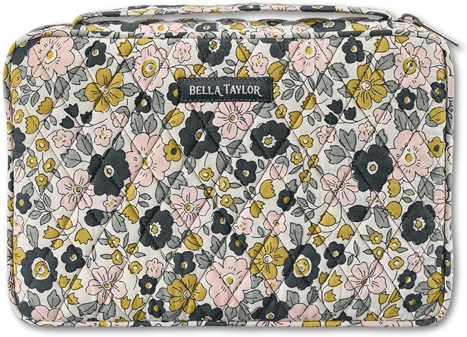 Bella Taylor Small Bible Cover for Women - Quilted Cotton Bible Case for 6 x 9 inch Books - Delicate Floral Charcoal
