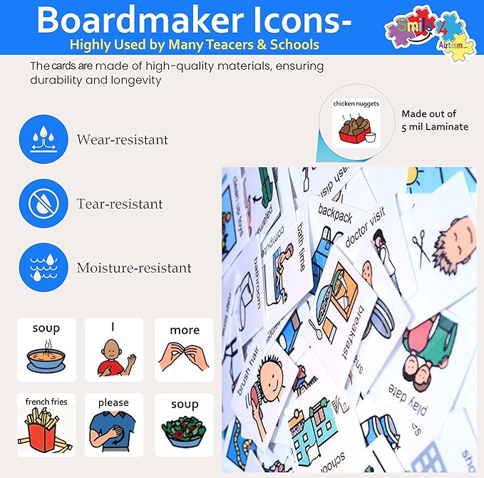 Smile4Autism Small 1.5"x1.5" Loose Visual Picture Cards, Receptive and Expressive Language, Speech Articulation Therapy, ASD, ADD, ADHD, Apraxia, & Stroke Patients. (Cartoon Icons 162 Pcs, Laminate)