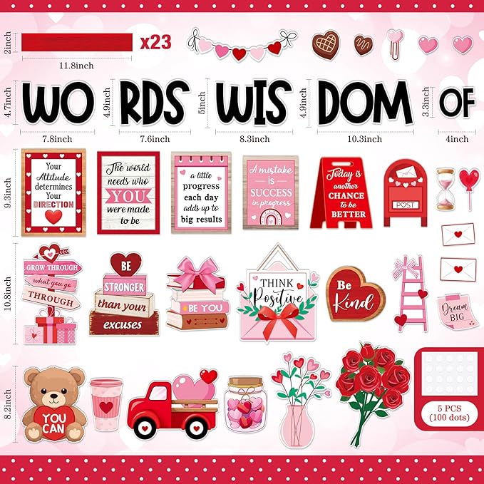 Mooliwe 57 Pcs Sweet Bulletin Board Set Pink Red Heart Envelope Paper Cutouts Positive Quotes Classroom Bulletin Board Decor for School Chalkboard Wall Door Window