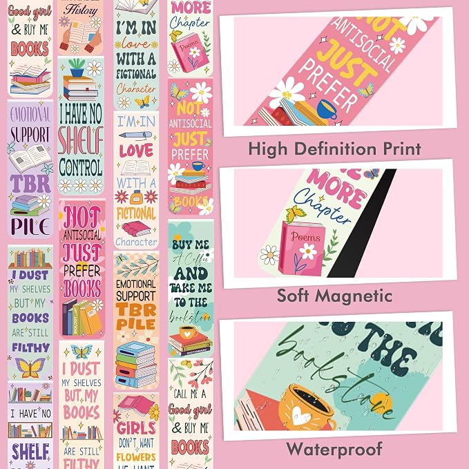 Cute Funny Magnetic Bookmarks for Women: 30 PCS Booklover Magnet Book Mmark Clips with Colorful Design, Bookish Gifts for Reading Women Girls Students Teachers, Book Club Novel Lovers Supplies