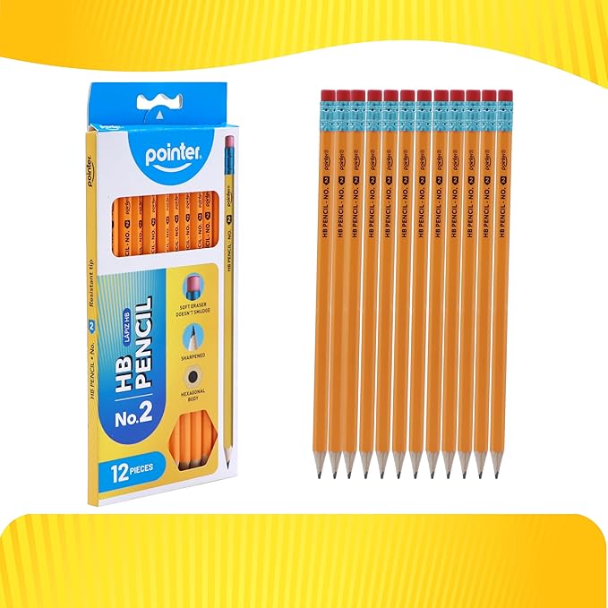 Pointer No.2 HB Pencils, Bulk Pack of 144 – Pre-Sharpened Wood-Cased Pencils with Soft Erasers, Hexagonal Body, Yellow for School, Office & Testing