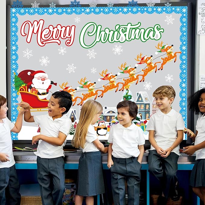 Pezutoi Christmas Bulletin Board Decoration Set Merry Christmas Santa Reindeer Xmas Elk Snowflakes for Winter Christmas Party Supplies School Chalkboard Wall Decor