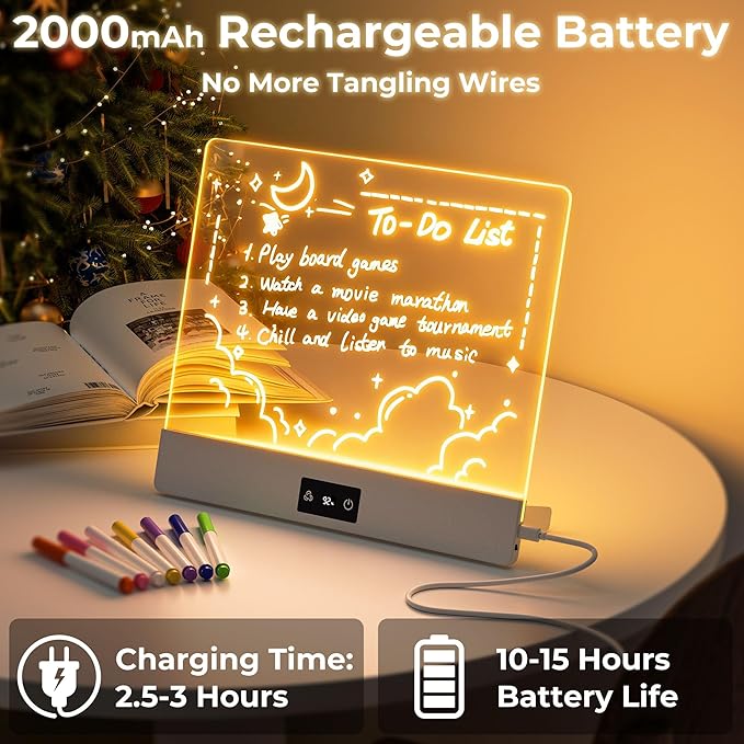Bawaslom Rechargeable Doodle Glow LED Drawing Board for Kids,11.8"×10.3" Magic Neon Light Up Drawing Tablet,8 Colors & 4 Modes,Built-in Stand Note Board,Creative Toys Gifts for Girls & Boys,White